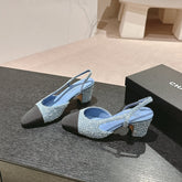 HIGH SLINGBACKS IN LIGHT BLUE DENIM AND BLACK SATIN